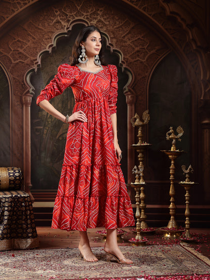 Red Bandhej Printed Rayon Tiered Dress