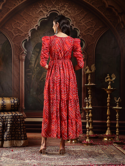 Red Bandhej Printed Rayon Tiered Dress