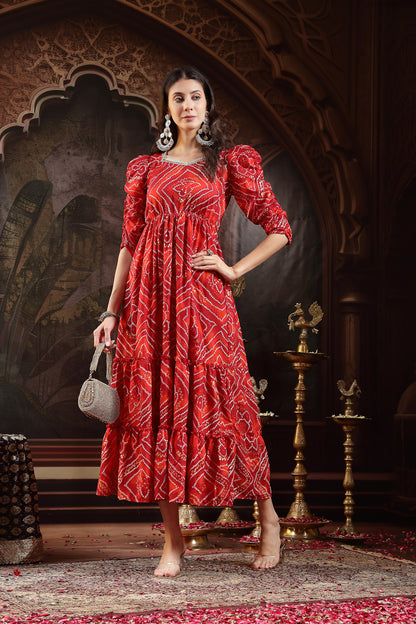 Red Bandhej Printed Rayon Tiered Dress