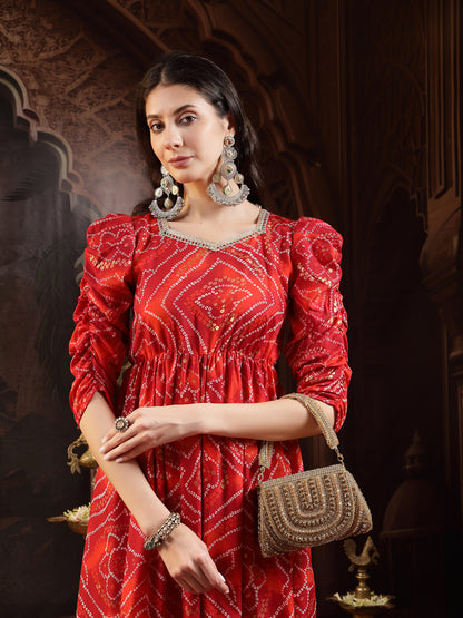 Red Bandhej Printed Rayon Tiered Dress