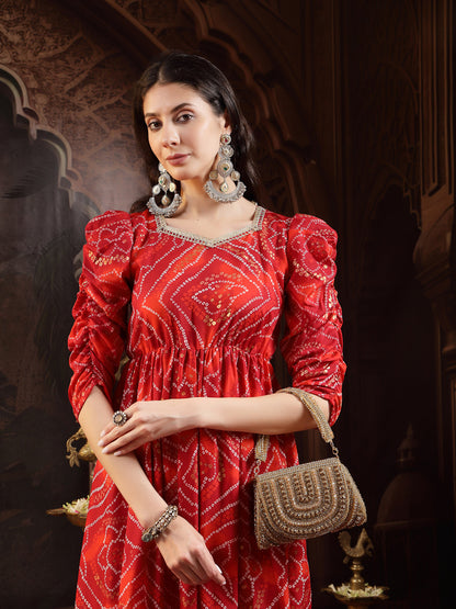 Red Bandhej Printed Rayon Tiered Dress (Pre-Order)