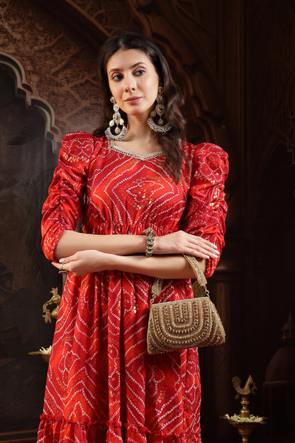 Red Bandhej Printed Rayon Tiered Dress