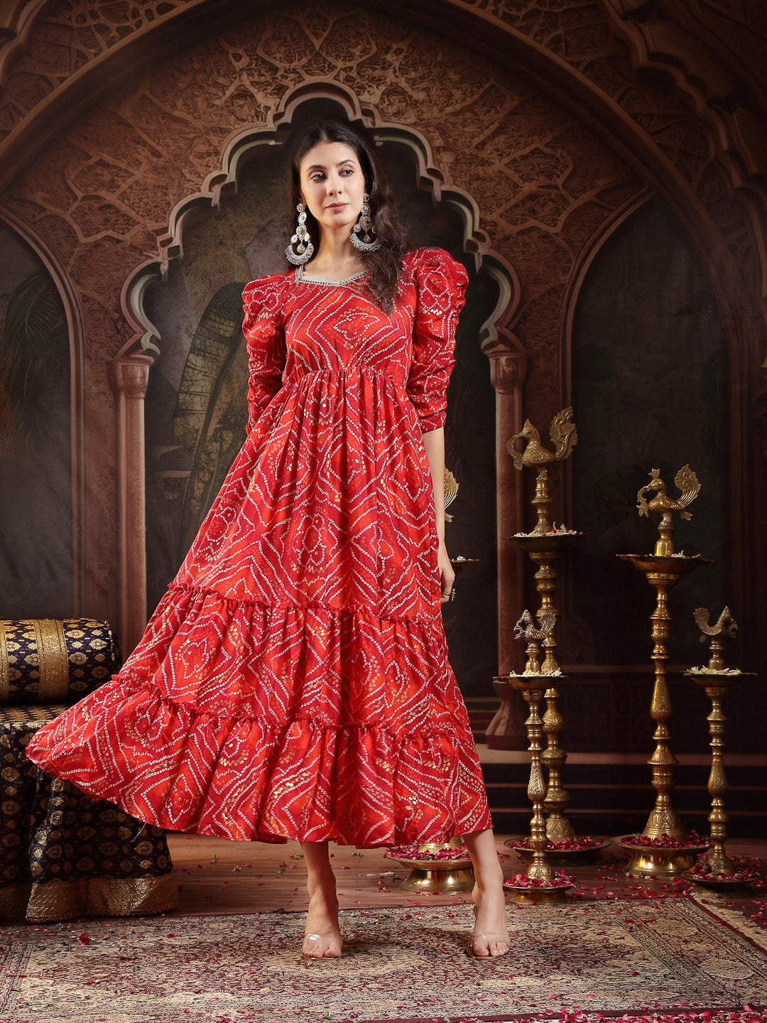 Red Bandhej Printed Rayon Tiered Dress