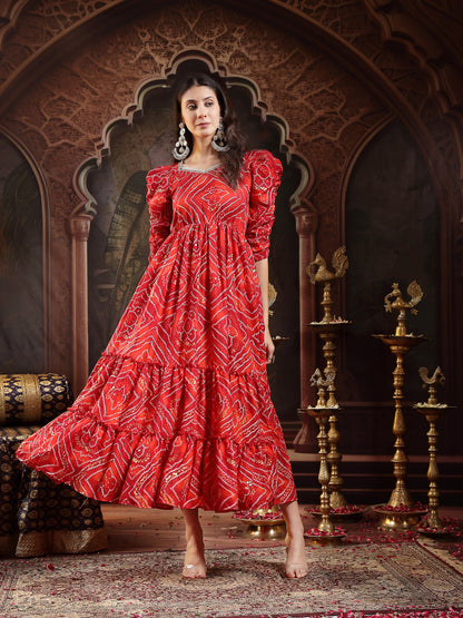 Red Bandhej Printed Rayon Tiered Dress