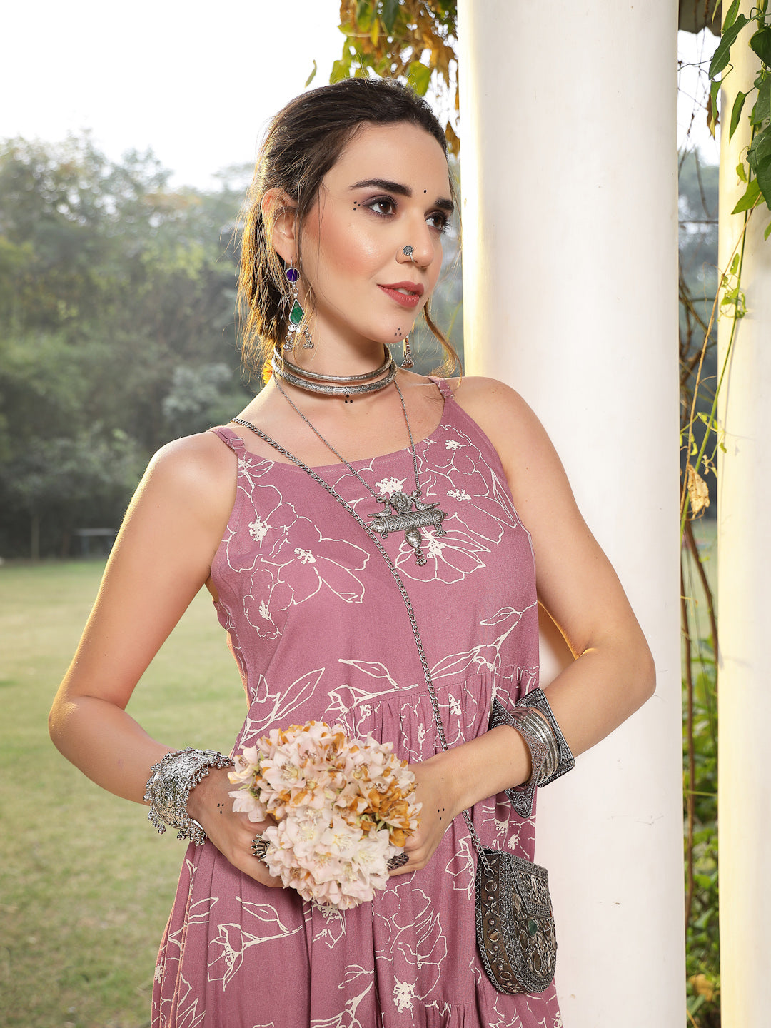 Mauve Floral Printed Rayon Tiered Dress