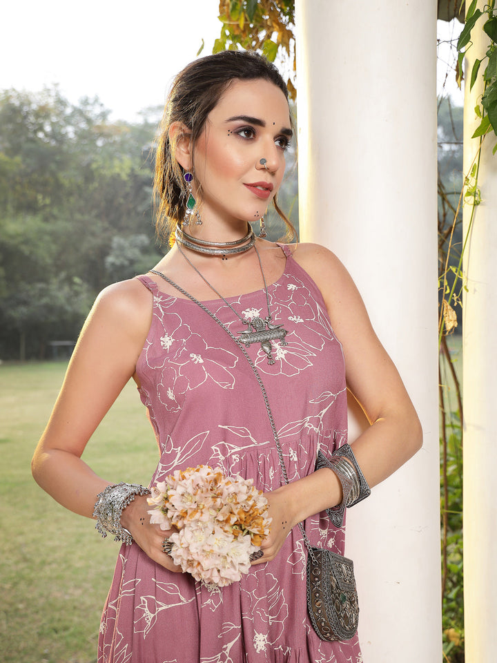 Mauve Floral Printed Rayon Tiered Dress
