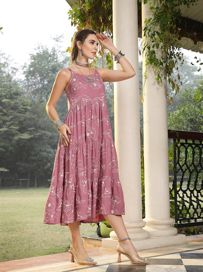 Mauve Floral Printed Rayon Tiered Dress