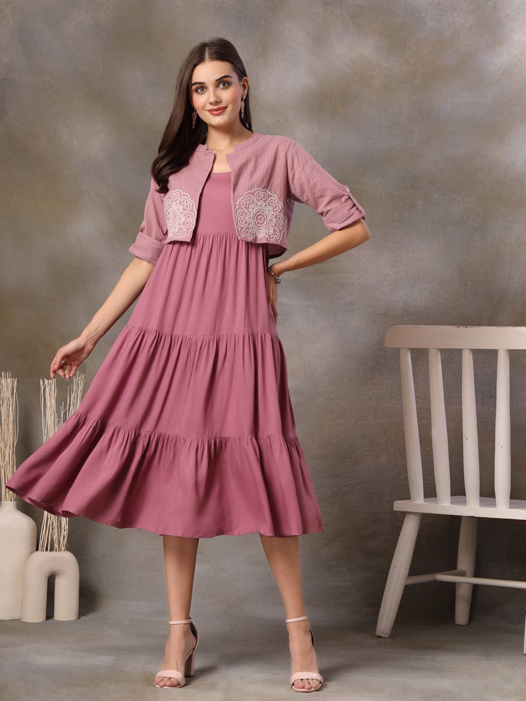 Mauve Solid &amp; Embroidered Rayon Tiered Dress With Katha Cotton Short Jacket