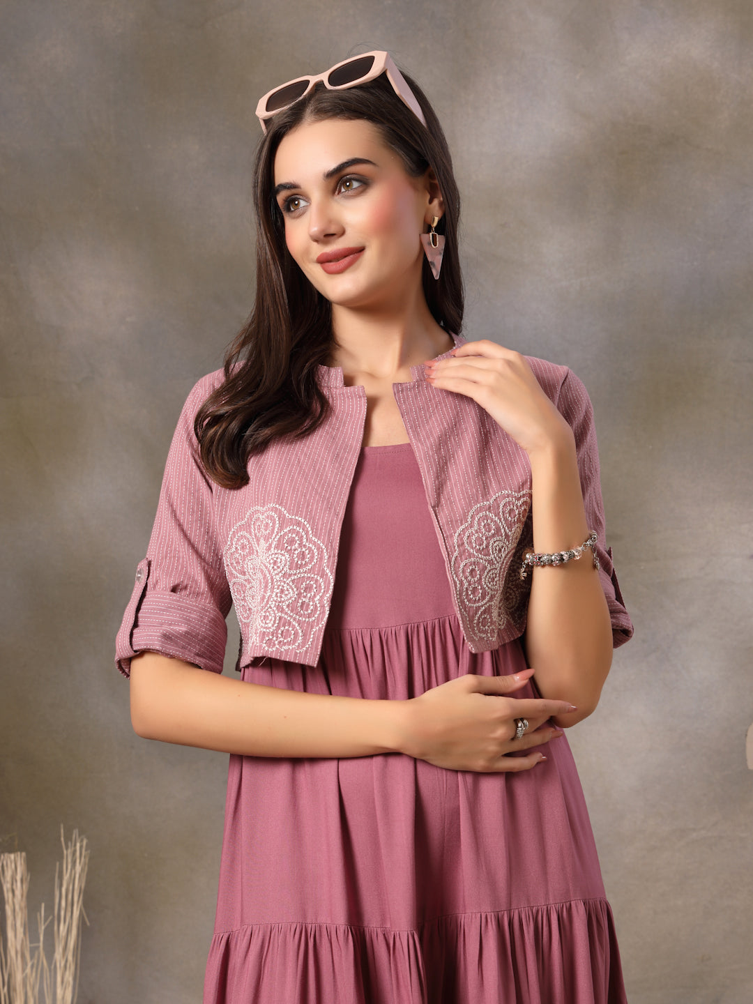 Mauve Solid &amp; Embroidered Rayon Tiered Dress With Katha Cotton Short Jacket