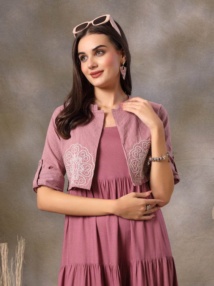 Mauve Solid &amp; Embroidered Rayon Tiered Dress With Katha Cotton Short Jacket