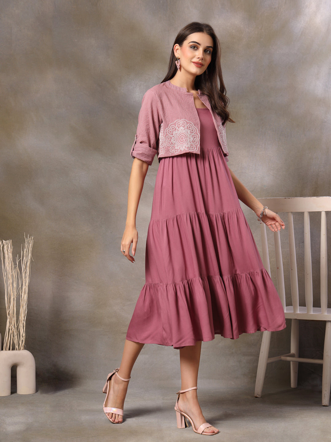 Mauve Solid & Embroidered Rayon Tiered Dress With Katha Cotton Short Jacket