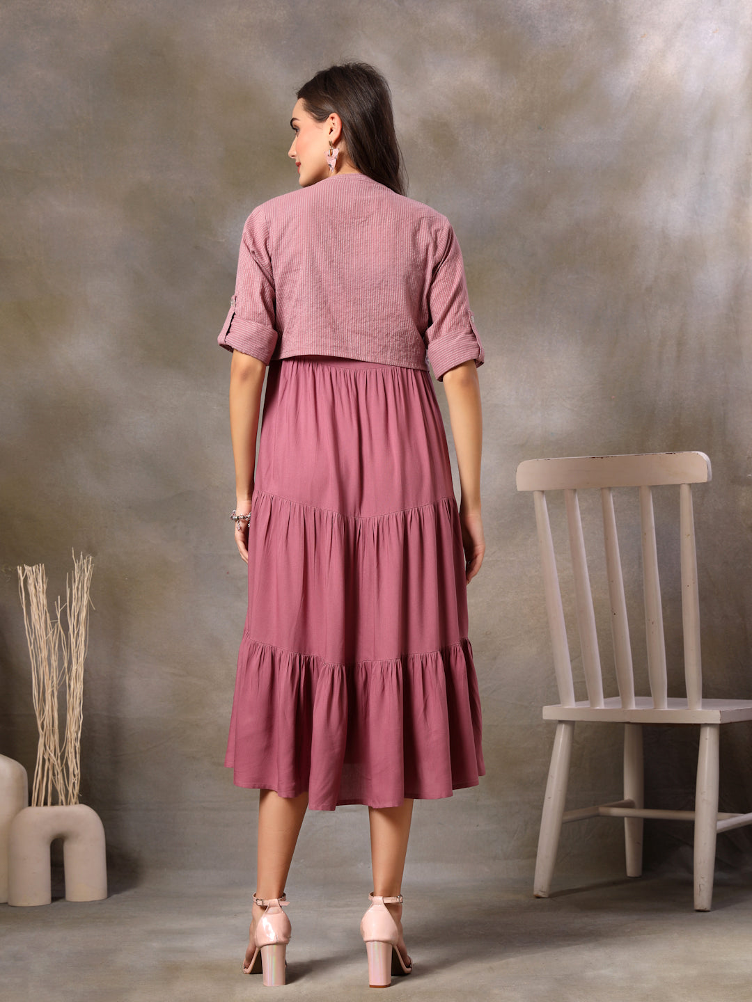Mauve Solid & Embroidered Rayon Tiered Dress With Katha Cotton Short Jacket