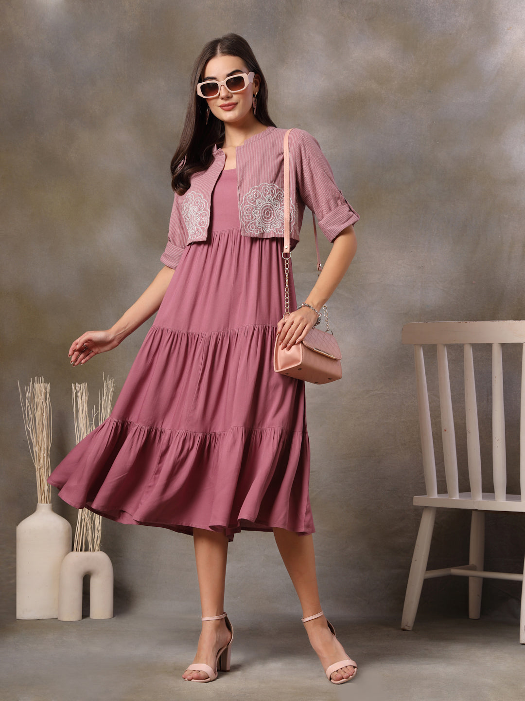 Mauve Solid &amp; Embroidered Rayon Tiered Dress With Katha Cotton Short Jacket
