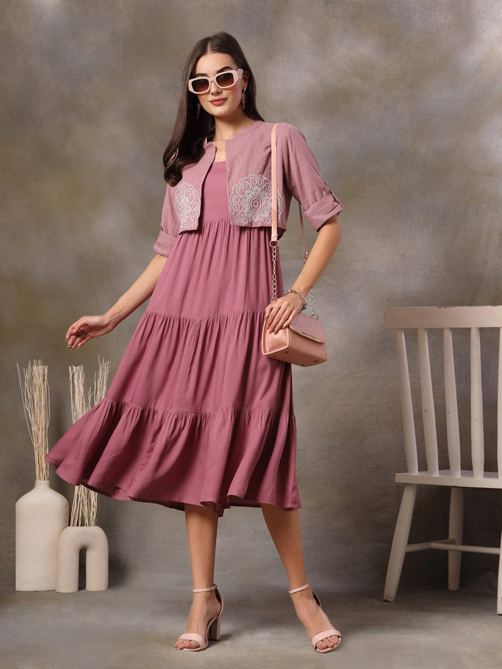 Mauve Solid &amp; Embroidered Rayon Tiered Dress With Katha Cotton Short Jacket