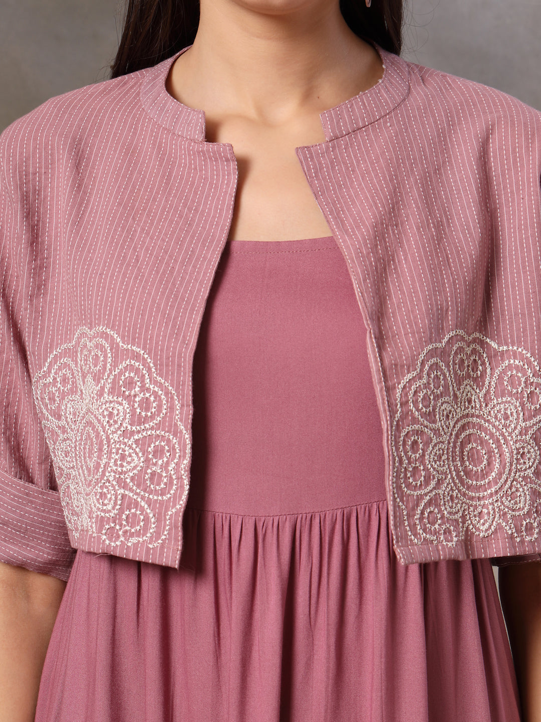 Mauve Solid &amp; Embroidered Rayon Tiered Dress With Katha Cotton Short Jacket