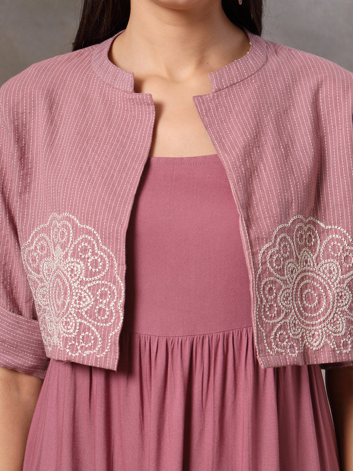 Mauve Solid &amp; Embroidered Rayon Tiered Dress With Katha Cotton Short Jacket
