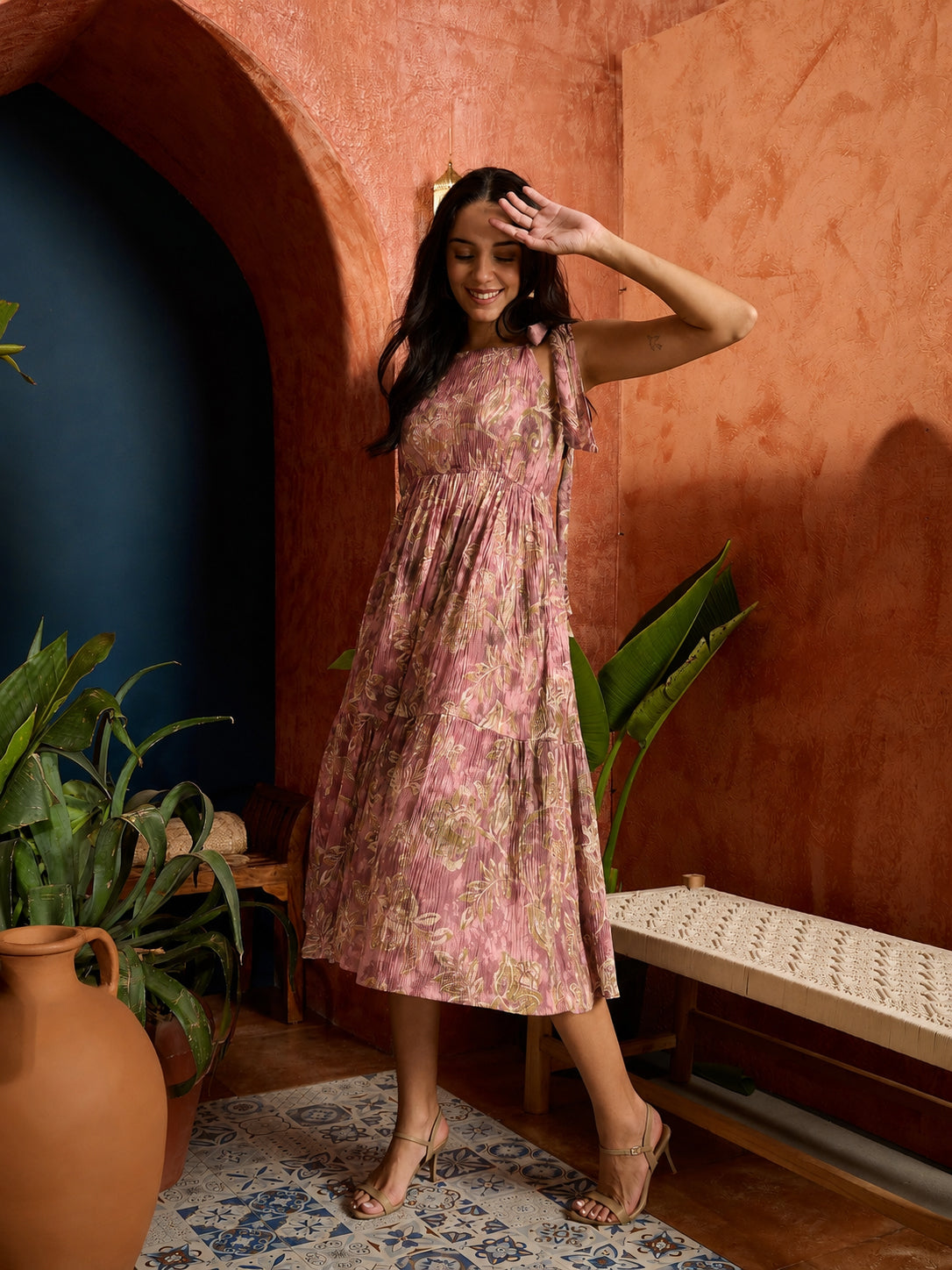 Floral Printed Crepe Tiered Dress