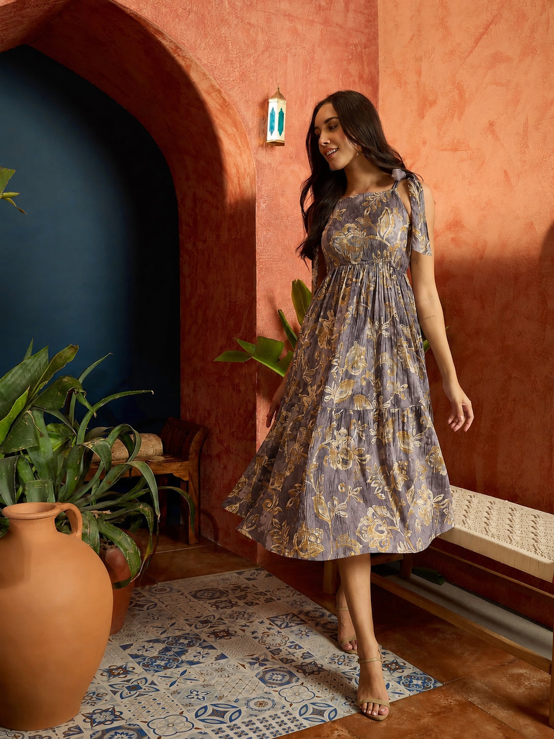 Floral Printed Crepe Tiered Dress