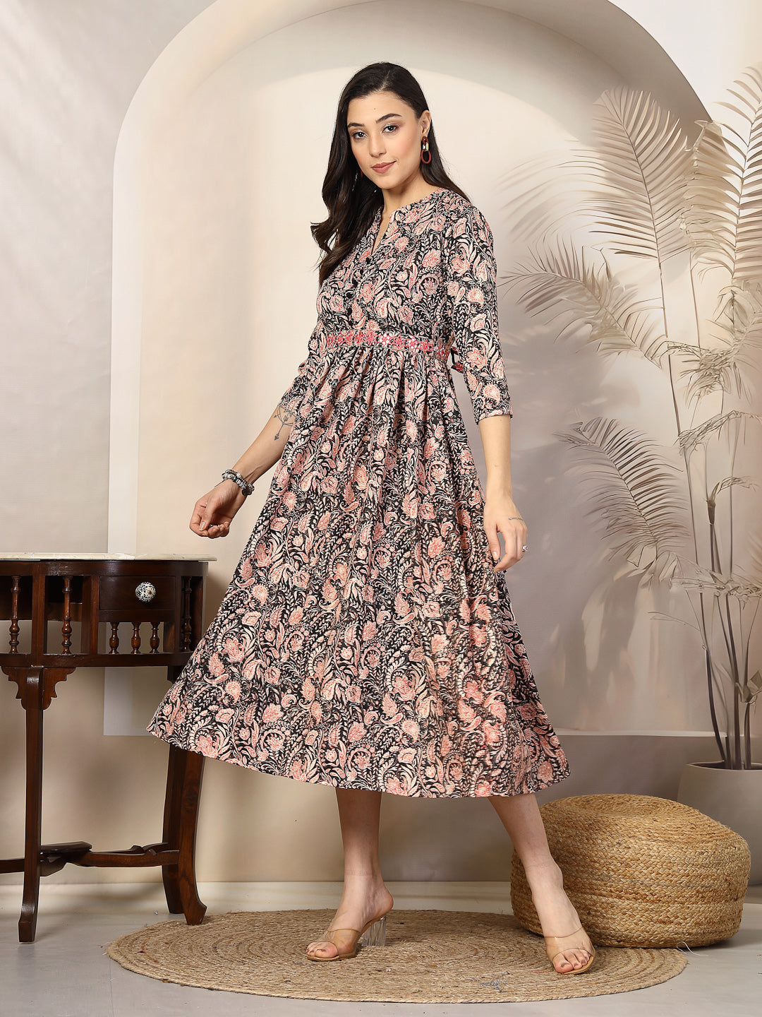Black Paisly Printed Rayon A-Line Belted Dress (Pre-Order)