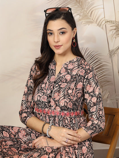 Black Paisly Printed Rayon A-Line Belted Dress