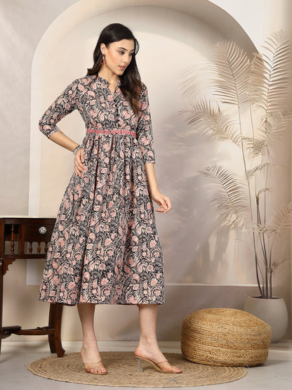 Black Paisly Printed Rayon A-Line Belted Dress (Pre-Order)