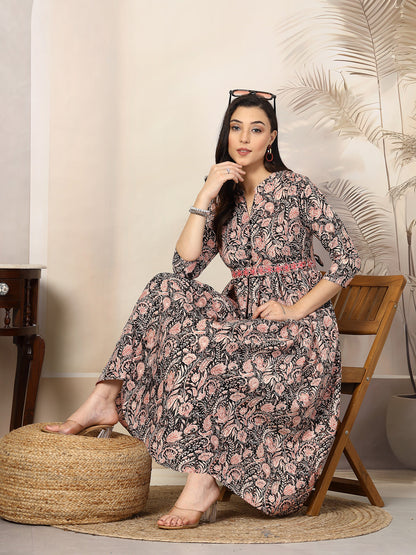 Black Paisly Printed Rayon A-Line Belted Dress