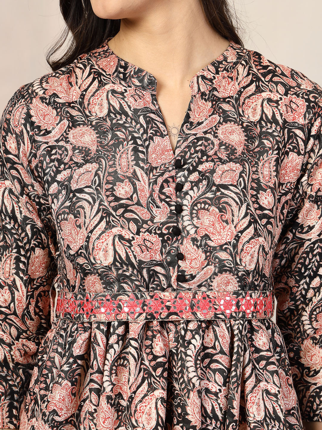 Black Paisly Printed Rayon A-Line Belted Dress (Pre-Order)