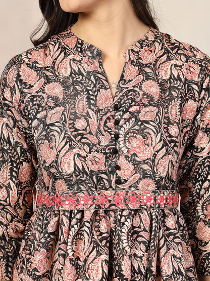 Black Paisly Printed Rayon A-Line Belted Dress (Pre-Order)