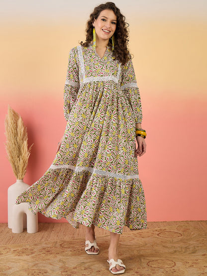 Multicolor Floral Printed Cotton Tiered Dress
