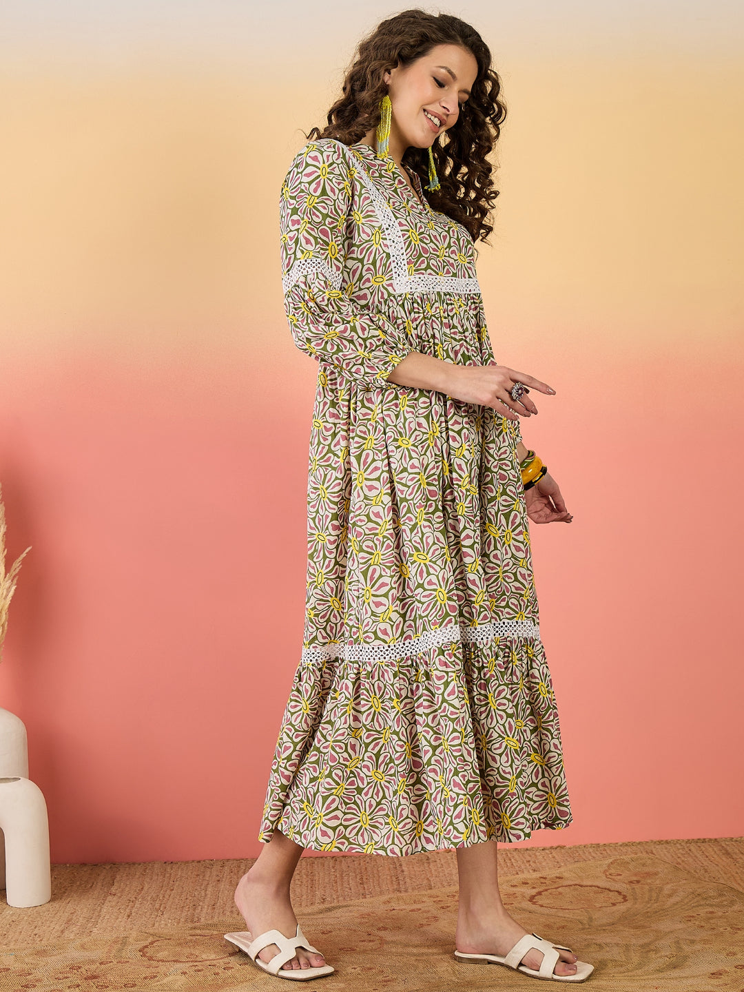 Multicolor Floral Printed Cotton Tiered Dress