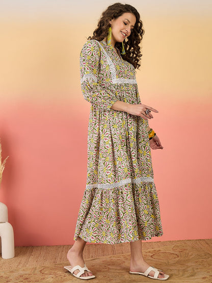 Multicolor Floral Printed Cotton Tiered Dress