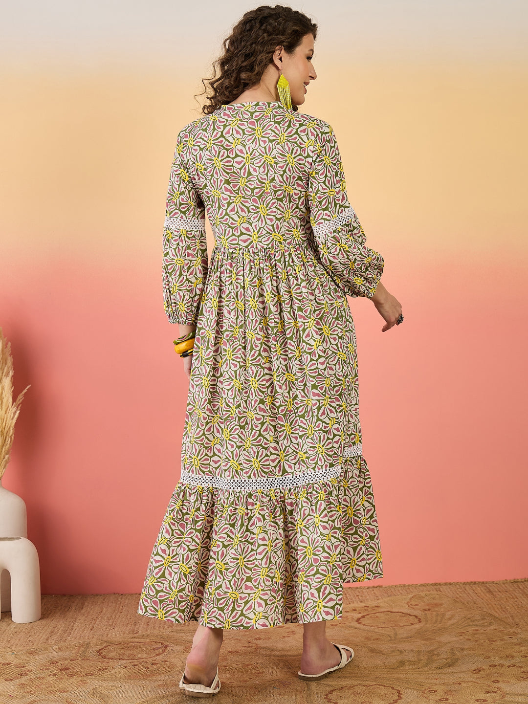 Multicolor Floral Printed Cotton Tiered Dress