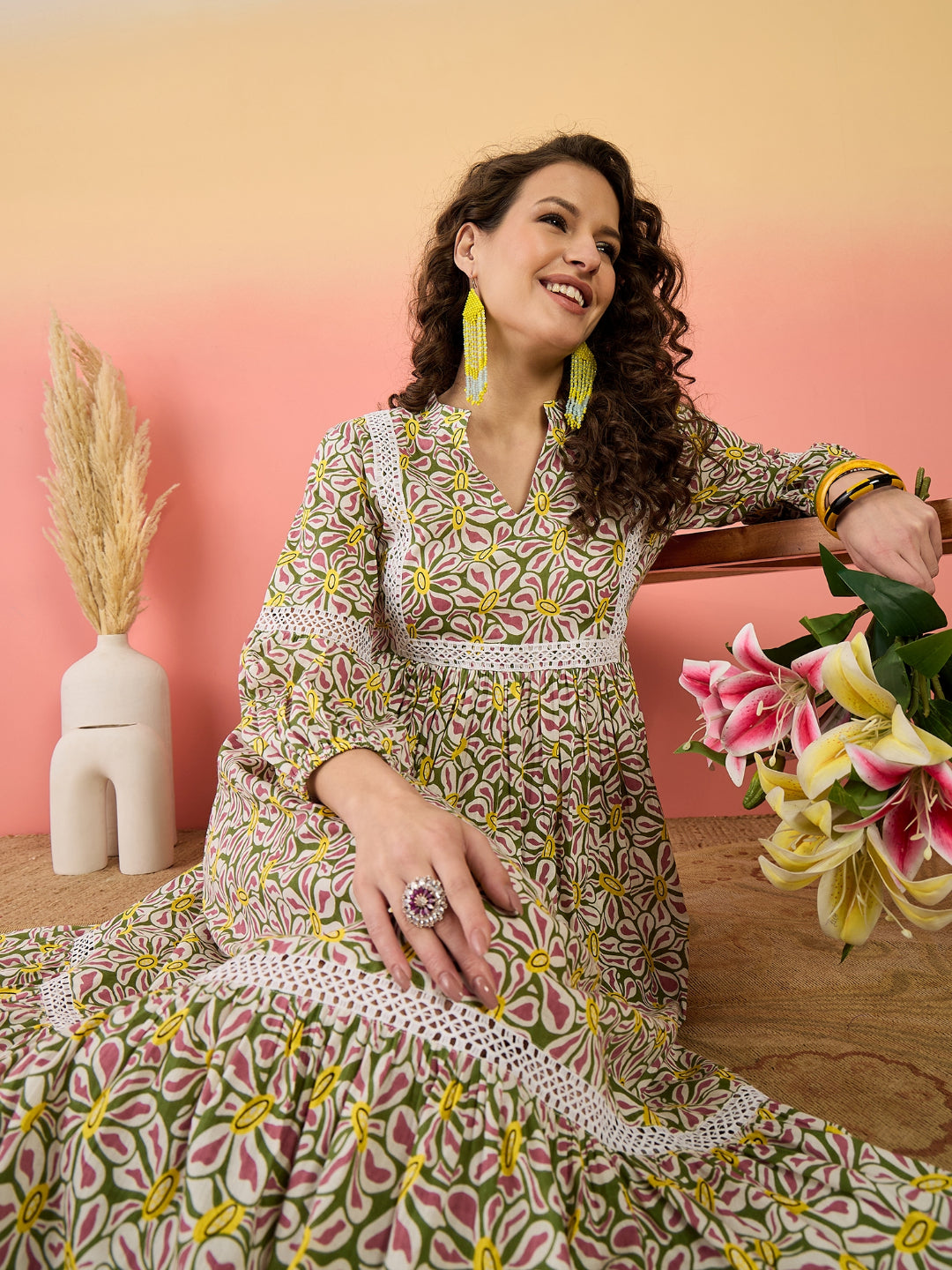 Multicolor Floral Printed Cotton Tiered Dress