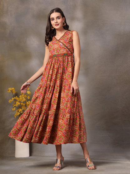 Multicolor Floral Printed Cotton Tiered Dress