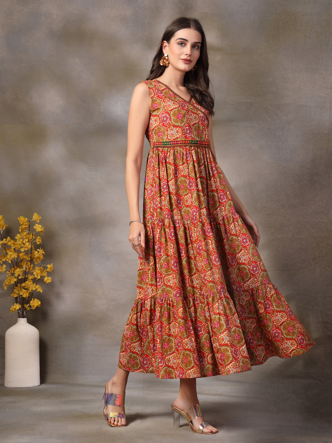 Multicolor Floral Printed Cotton Tiered Dress