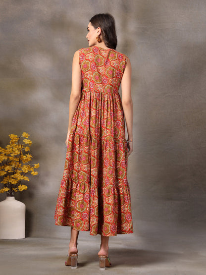 Multicolor Floral Printed Cotton Tiered Dress