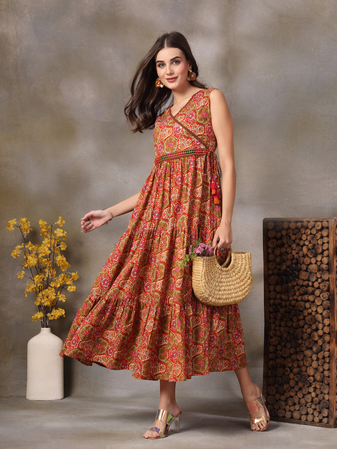 Multicolor Floral Printed Cotton Tiered Dress