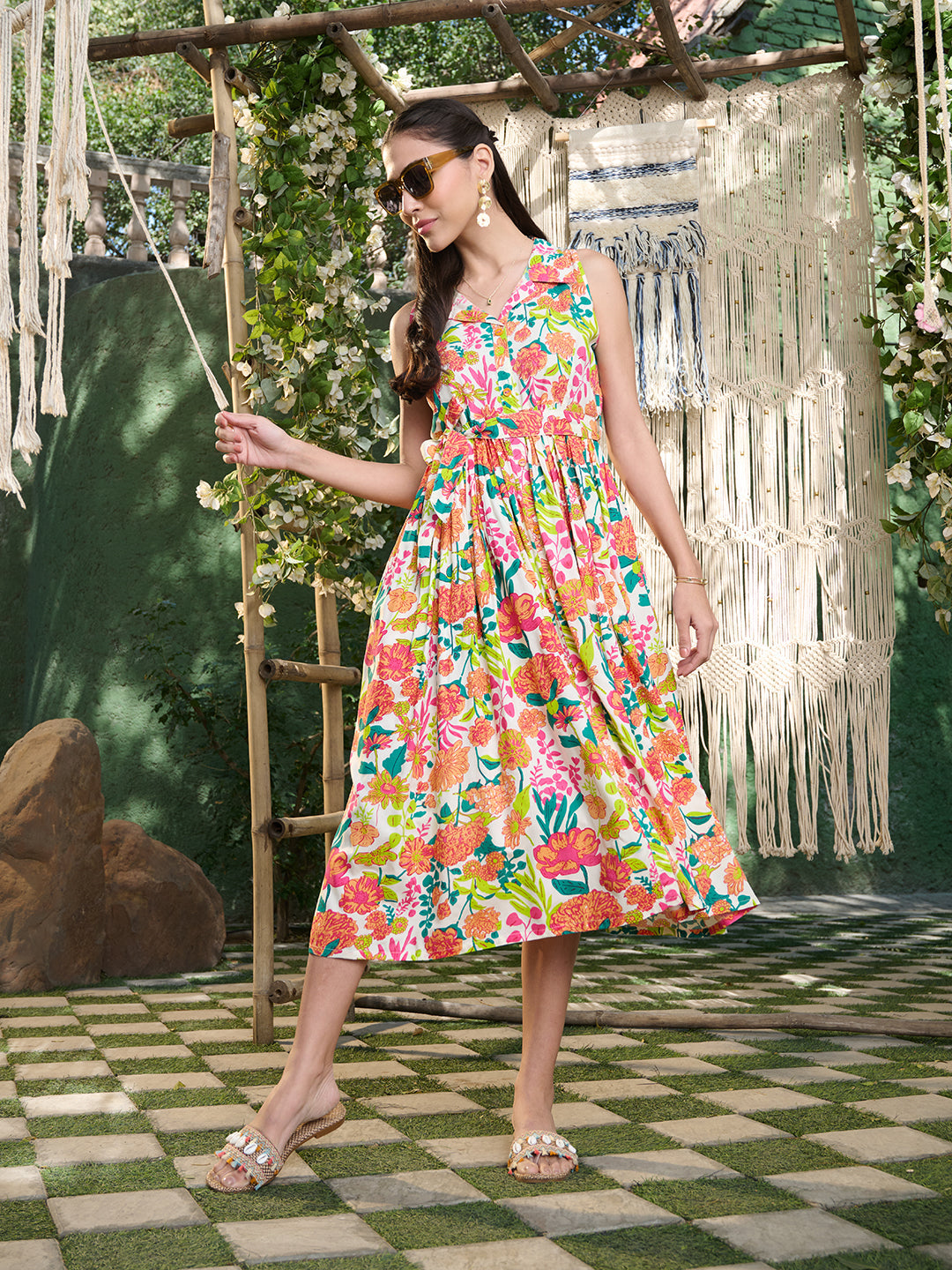 Multi Floral Printed Rayon Flared Dress