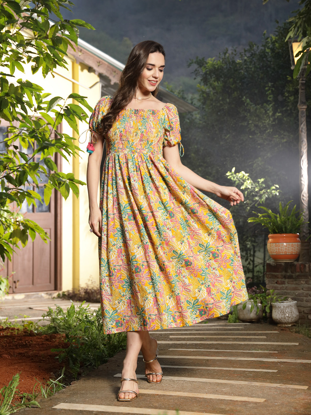 Multicolor Floral Printed Cotton Flared Dress