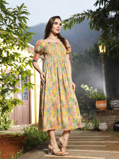 Multicolor Floral Printed Cotton Flared Dress (Pre-Order)