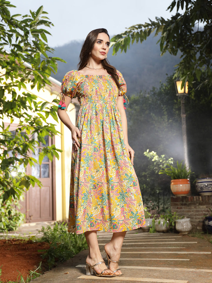 Multicolor Floral Printed Cotton Flared Dress