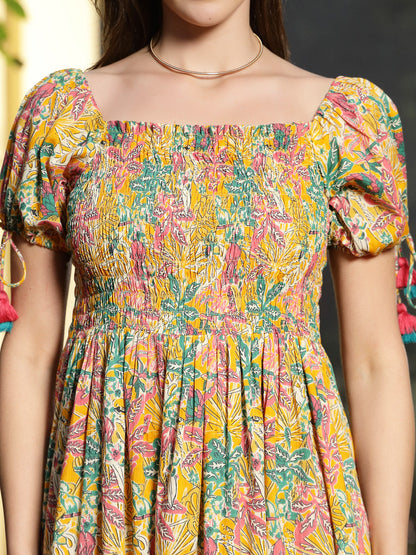 Multicolor Floral Printed Cotton Flared Dress