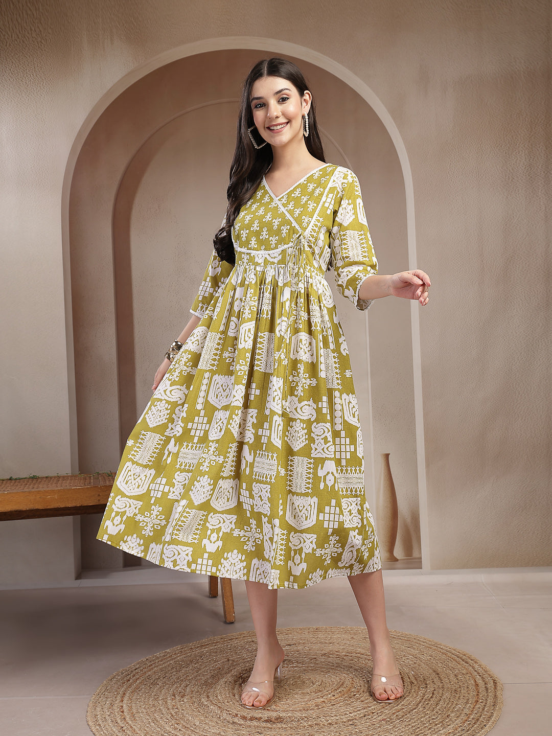 Mustard Ikat Printed Cotton Flared Dress