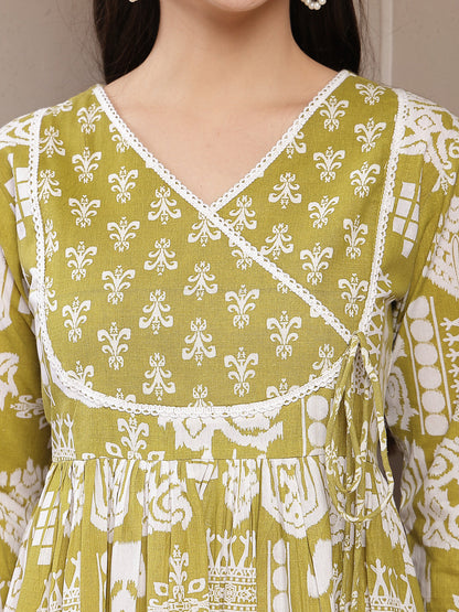 Mustard Ikat Printed Cotton Flared Dress