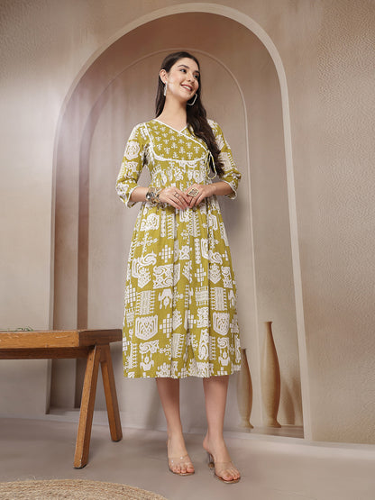 Mustard Ikat Printed Cotton Flared Dress
