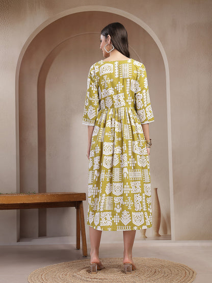 Mustard Ikat Printed Cotton Flared Dress