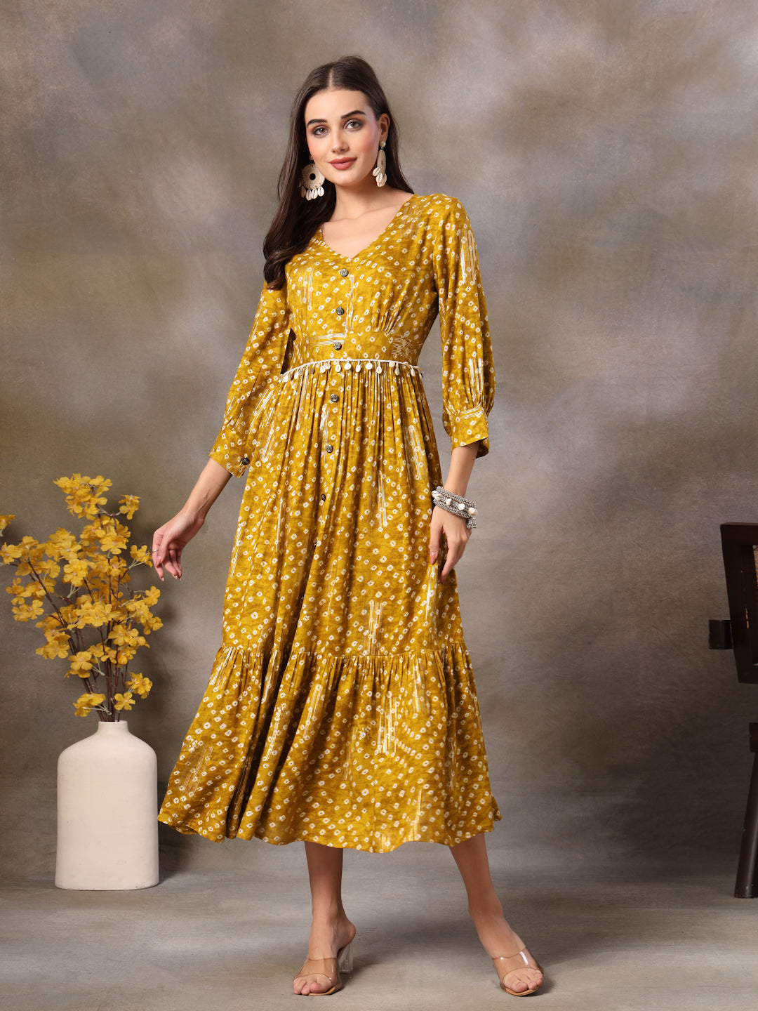 Mustard Bandhani Printed Rayon Tiered Dress