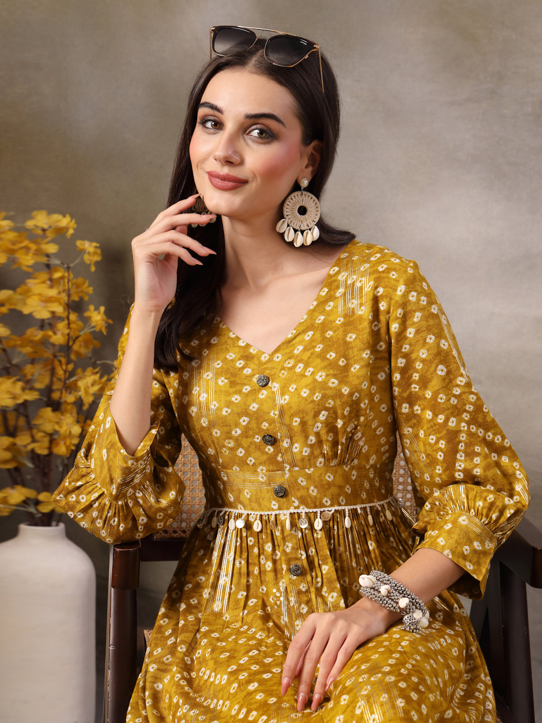 Mustard Bandhani Printed Rayon Tiered Dress