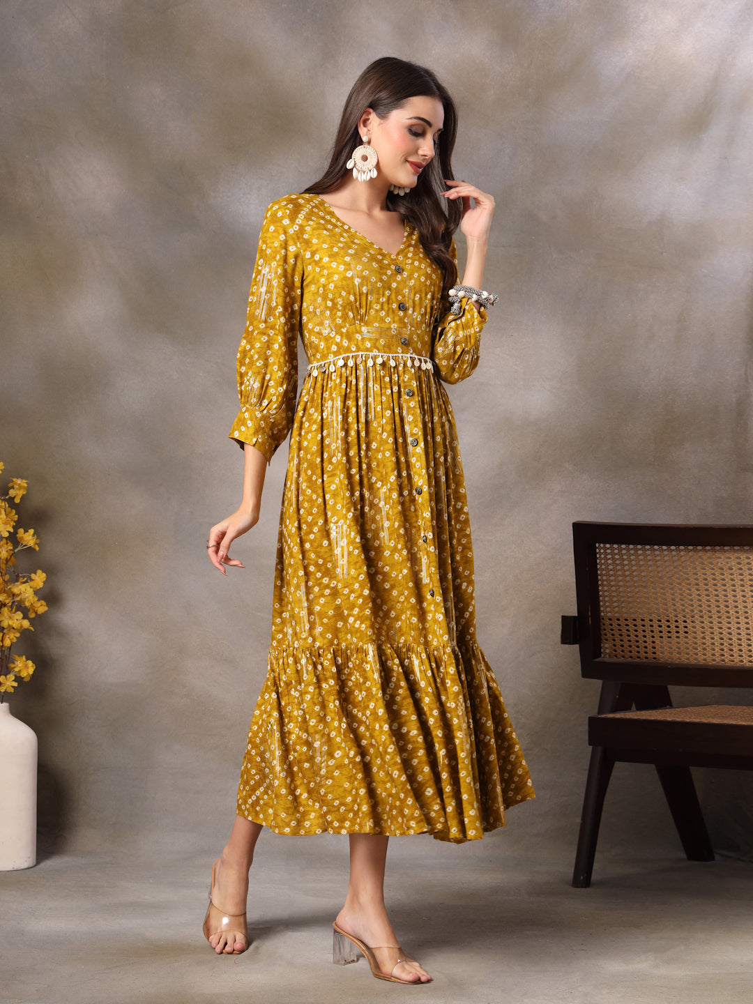 Mustard Bandhani Printed Rayon Tiered Dress