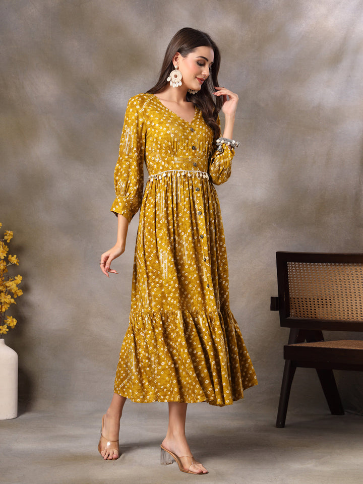 Mustard Bandhani Printed Rayon Tiered Dress